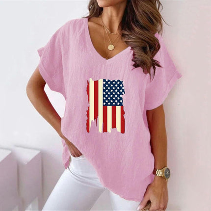 Womens Summer Short Sleeve Cotton Linen V-Neck T-Shirt Casual Loose Tops