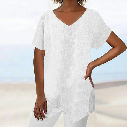 Womens Short Sleeve V Neck Shirts Asymmetrical Hem Cotton Linen Tops