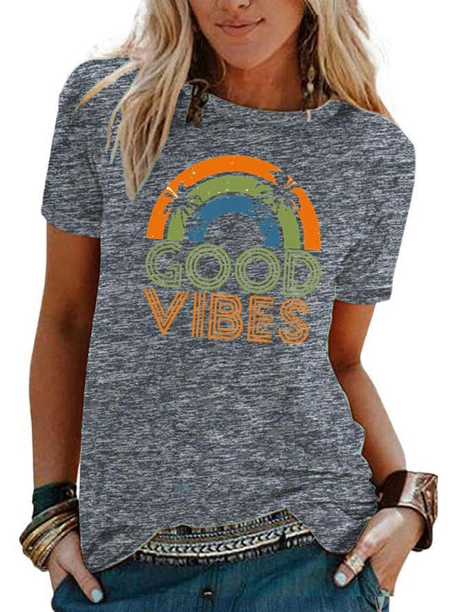 Womens Summer Round Neck Shirt Funny Letter Printed Graphic Short Sleeve Tee Tops