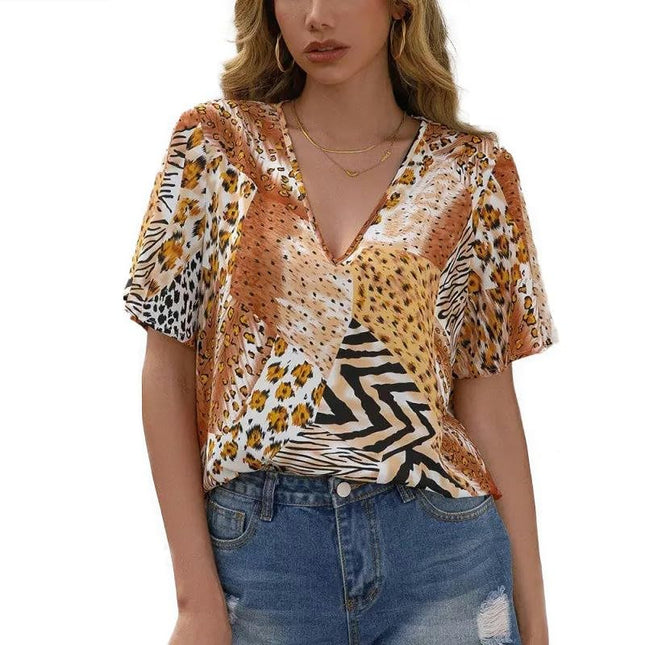 Women V Neck Short Sleeve Leopard Print Tops Casual Loose T-Shirts