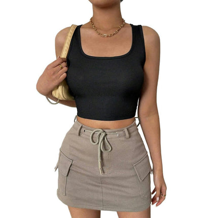 Women's Casual Sleeveless Square Neck Backless Tie Back Crop Tank Top