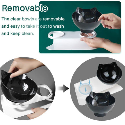 Cat Bowls with Stand, Pet Feeder Double Food Diner Bowl Set Perfect for Cats and Ultra Small Dog-Black