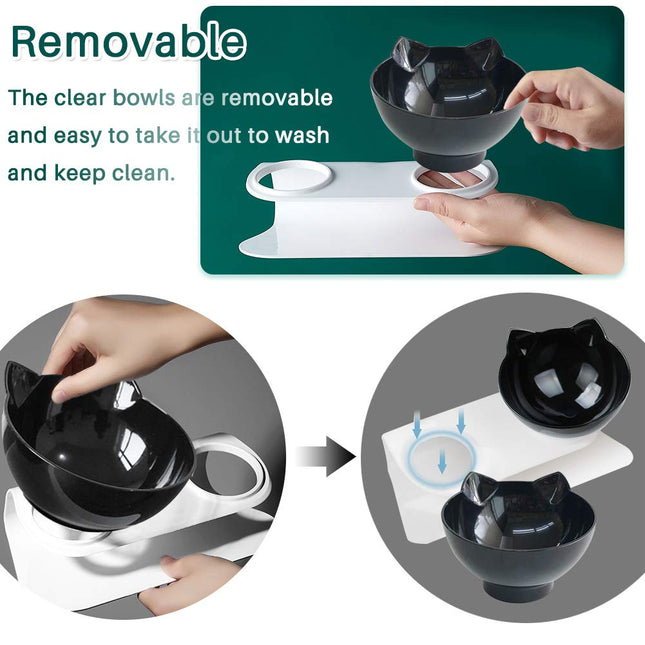 Cat Bowls with Stand, Pet Feeder Double Food Diner Bowl Set Perfect for Cats and Ultra Small Dog-Black