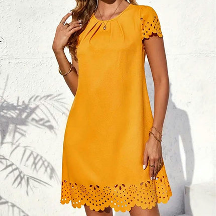 Womens Summer Short Sleeve Dresses Casual Pleated Crewneck Mini Dress
