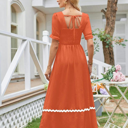 Womens Summer Dresses Square Neck Smocked Puff Short Sleeve A-Line Maxi Dress
