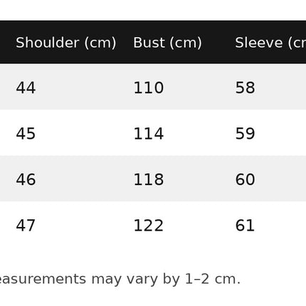 Women's jacket size chart in English