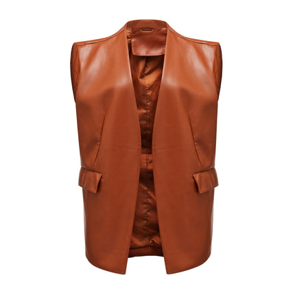 Women's faux leather sleeveless waistcoat styled on model and product detail image 10