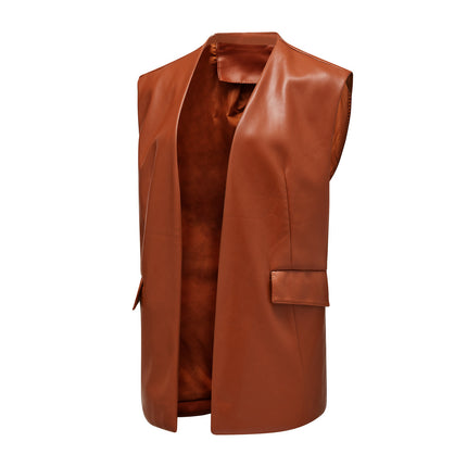Women's faux leather sleeveless waistcoat styled on model and product detail image 11