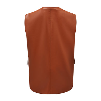 Women's faux leather sleeveless waistcoat styled on model and product detail image 12