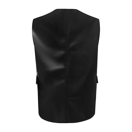 Women's faux leather sleeveless waistcoat styled on model and product detail image 13