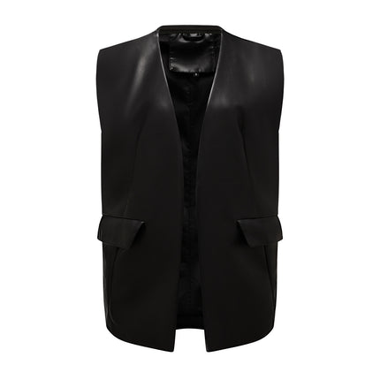 Women's faux leather sleeveless waistcoat styled on model and product detail image 14
