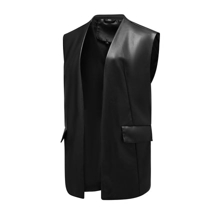 Women's faux leather sleeveless waistcoat styled on model and product detail image 15