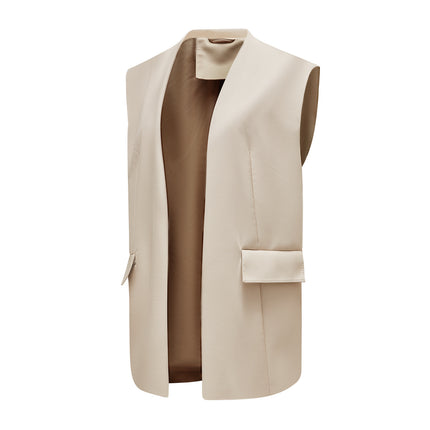 Women's faux leather sleeveless waistcoat styled on model and product detail image 16