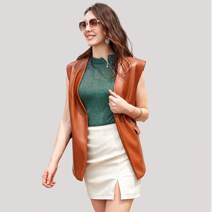 Women's sleeveless faux leather blazer-style vest, main-02 supplier photograph