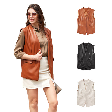 Women's sleeveless faux leather blazer-style vest, main-03 supplier photograph