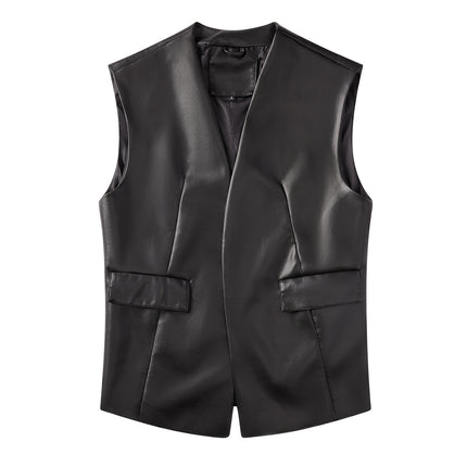 Women's sleeveless faux leather blazer-style vest, main-04 supplier photograph