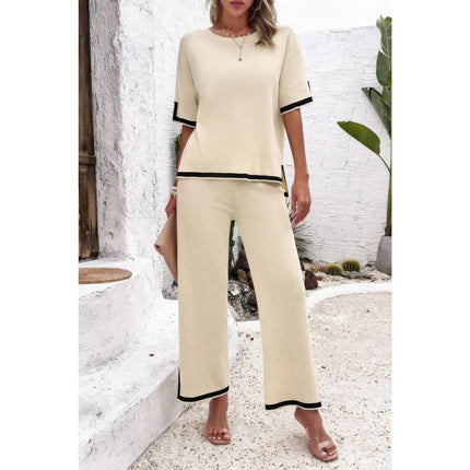 Women's Summer Fashion Outfits Two Pieces Outfits Knit Short Sleeve Wide Leg pants Loun