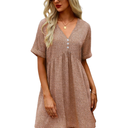 Womens Dresses Button V Neck Short Sleeve Tunic Short Dress Casual Chic Lightweight Basic Summer Sundress