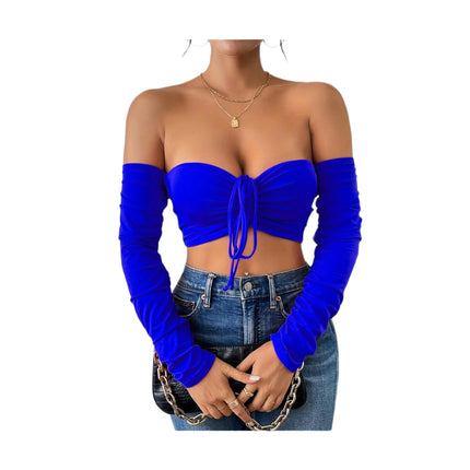 Women's Elegant Off Shoulder Long Sleeve Drawstring Crop Tube Tops Shirt