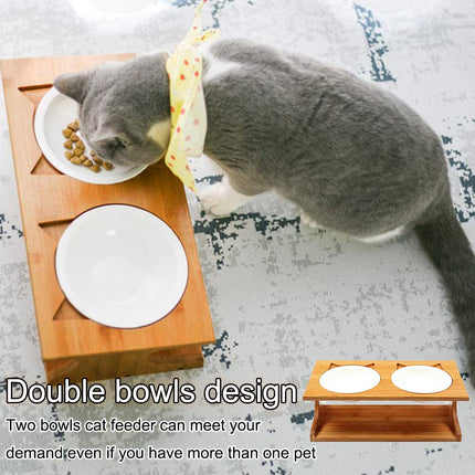 Cat Bowls, Double Cat Food Bowls with Non-Slip Bamboo Stand, Elevated Cat Bowl Raised Pet Feeder, Cat Bowls Set - with 2 Ceramic Food and Water Bowls (Classic Style)