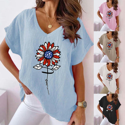Womens Summer Short Sleeve Cotton Linen Shirts Causal V-Neck Batwing T-Shirt Loose Tops