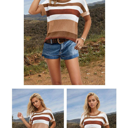 Women Summer Crew Neck Color Block Tops Knitted Short Sleeve Casaul Loose Blouses