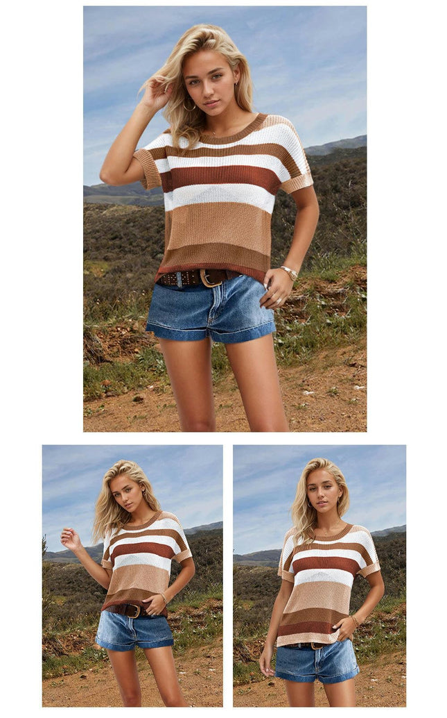 Women Summer Crew Neck Color Block Tops Knitted Short Sleeve Casaul Loose Blouses