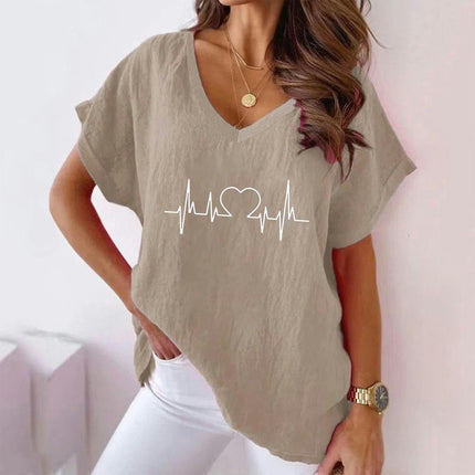Womens Summer Short Sleeve Cotton Linen Shirts V-Neck Batwing T-Shirt Loose Tops