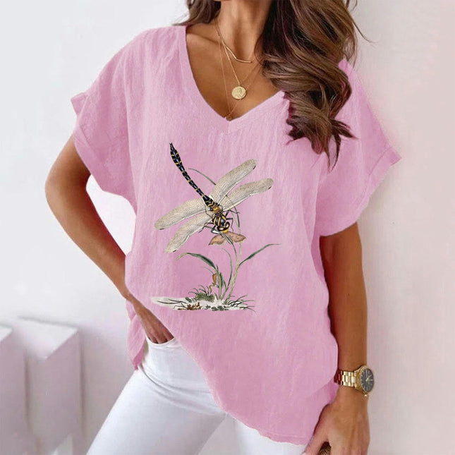 Women's Summer Cotton Linen Printed Short Sleeve Tops Casual V Neck Loose Fit T-Shirt