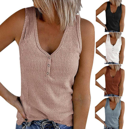 Womens Sexy V Neck Tank Tops Sleeveless Button Henley Shirts Ribbed Cami Blouses