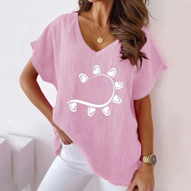 Womens Short Sleeve Cotton Linen Shirts Causal V-Neck Batwing T-Shirt Loose Summer Tops