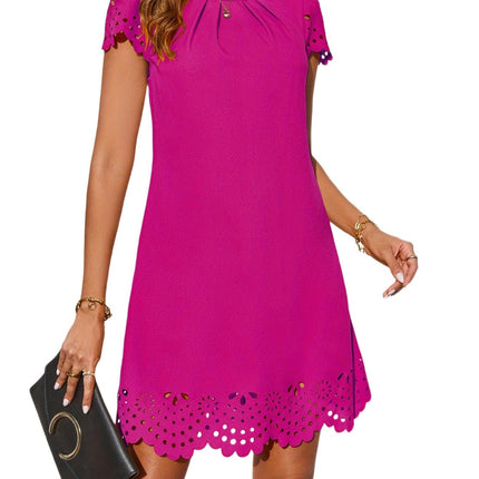 Womens Summer Short Sleeve Dresses Casual Pleated Crewneck Mini Dress