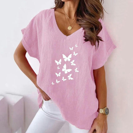 Womens Summer Short Sleeve Cotton Linen Shirts Causal V-Neck Batwing T-Shirt Loose Tops