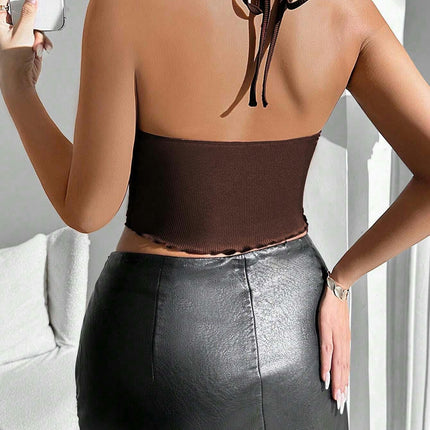 Women Halter Tie Ribbed Sleeveless Ruched Summer Sexy Tank Tops