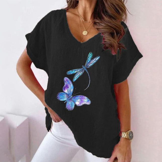 Women's Summer Cotton Linen Short Sleeve Printed Tops Casual V Neck Loose Fit T-Shirt