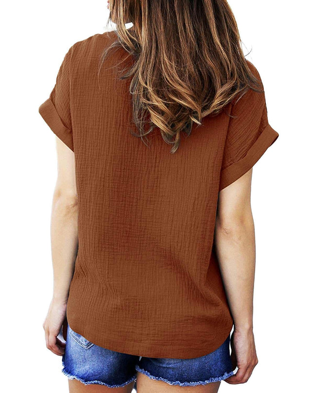 Women's V Neck T Shirts Casual Rolled Short Sleeve Summer Loose Fit Tops