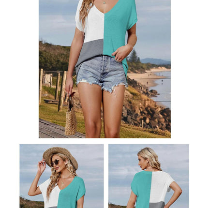 Women Summer V Neck Color Block Tops Knitted Short Sleeve Casaul Loose T Shirts