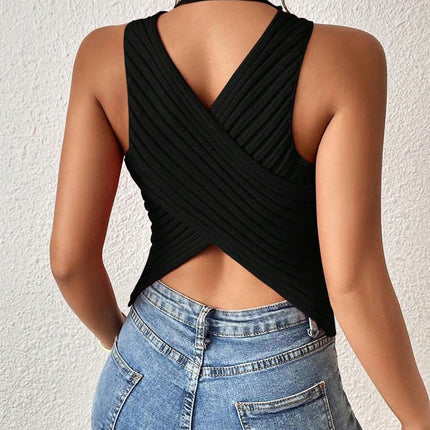 Women's Casual Ribbed Knit Crew Neck Sleeveless Backless Tank Top