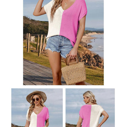 Women Summer V Neck Color Block Tops Knitted Short Sleeve Casaul Loose T Shirts