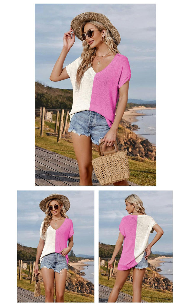 Women Summer V Neck Color Block Tops Knitted Short Sleeve Casaul Loose T Shirts