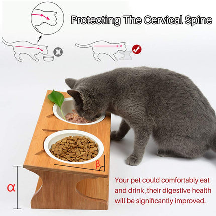 Cat Bowls, Double Cat Food Bowls with Non-Slip Bamboo Stand, Elevated Cat Bowl Raised Pet Feeder, Cat Bowls Set - with 2 Ceramic Food and Water Bowls (Classic Style)