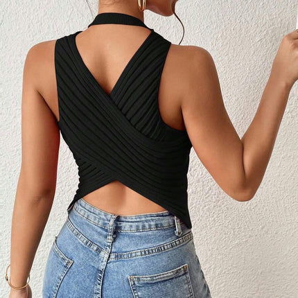 Women's Casual Ribbed Knit Crew Neck Sleeveless Backless Tank Top