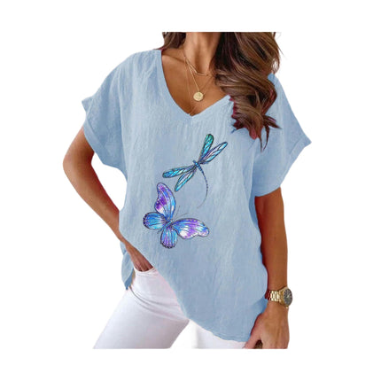 Women's Summer Cotton Linen Short Sleeve Printed Tops Casual V Neck Loose Fit T-Shirt
