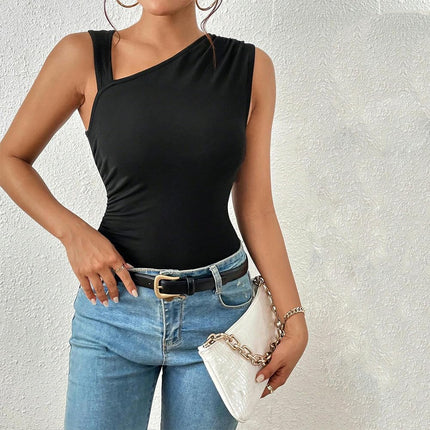 Women's Sexy Ruched Asymmetrical Neck Sleeveless Slim Tank Top
