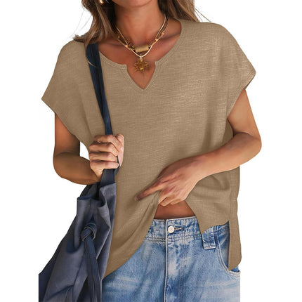 Women's Summer V Neck Top Casual Short Sleeve Split Hem Loose T Shirt
