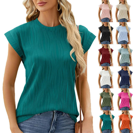 Womens Casual Cap Sleeve Tops Round Neck Summer Textured T Shirts Blouse
