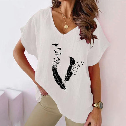 Womens Short Sleeve Cotton Linen Shirts Causal Summer V-Neck Batwing T-Shirt Loose Tops