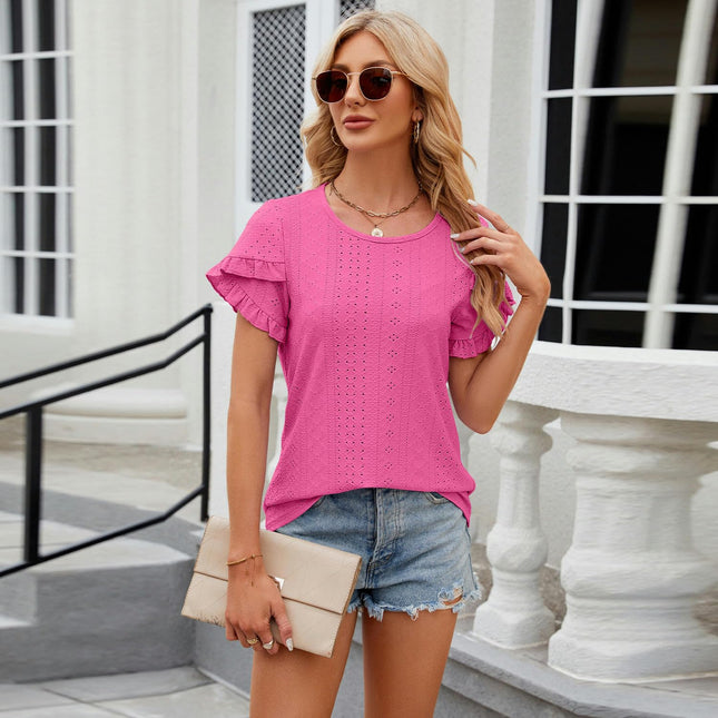 Women Summer Crewneck T Shirts Top Ruffle Short Sleeve Casual Blouses