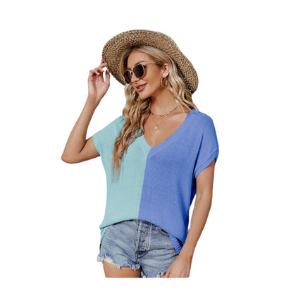 Women Summer V Neck Color Block Tops Knitted Short Sleeve Casaul Loose T Shirts