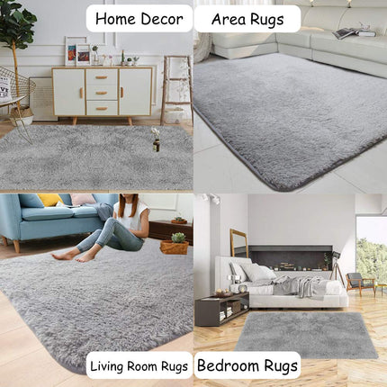 Area Rugs, Home Decor Super Soft Touch Feeling Indoor Modern Shaggy Fluffy Carpet Anti-Skid Area Rug Comfortable Memory Foam Padding for Living Room Bedroom Grey